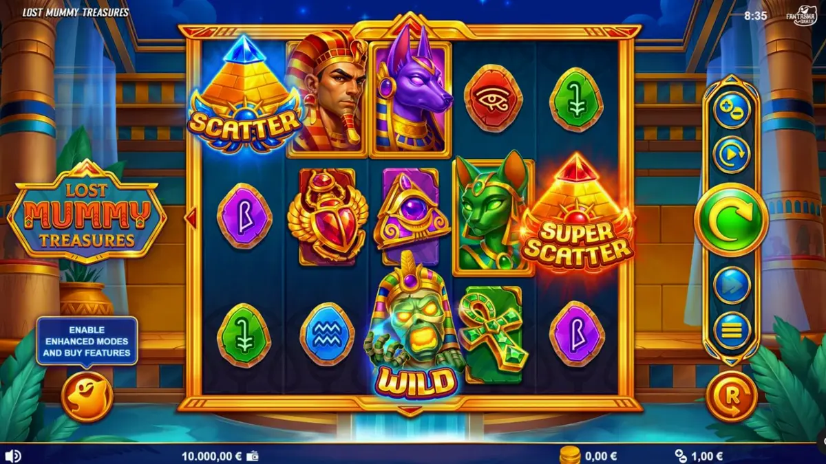 Tampilan visual slot Lost Mummy Treasures dengan simbol dewa Mesir dan kuil emas