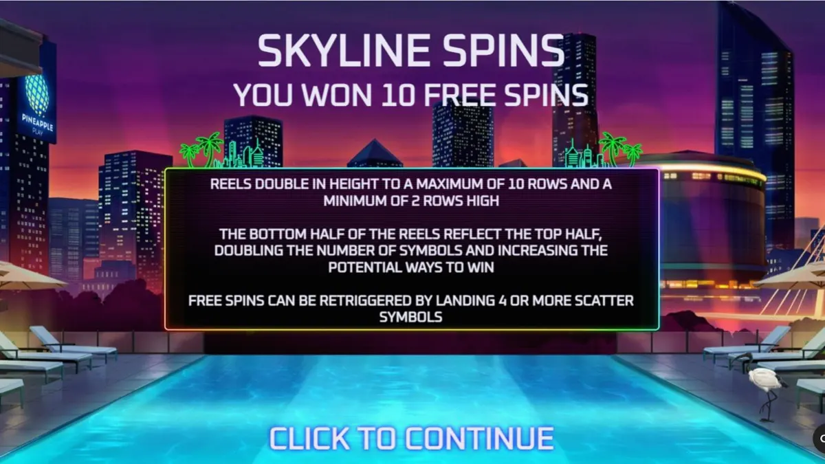 Pemandangan neon rooftop bar dalam slot Midnight Mirage